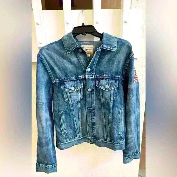 Polo Ralph Lauren Denim Jacket With American Flag Arm Patch Size Small - Picture 1 of 4